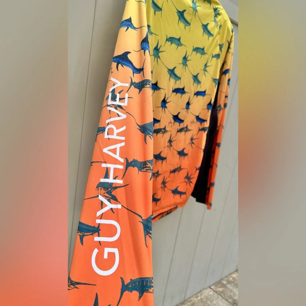 Guy Harvey Marlin Bimini Blast Orange Blue Long Sleeve Rash Guard Shirt Size S
